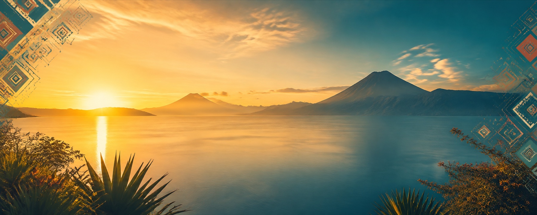 Amanecer sobre un lago rodeado de volcanes en Guatemala